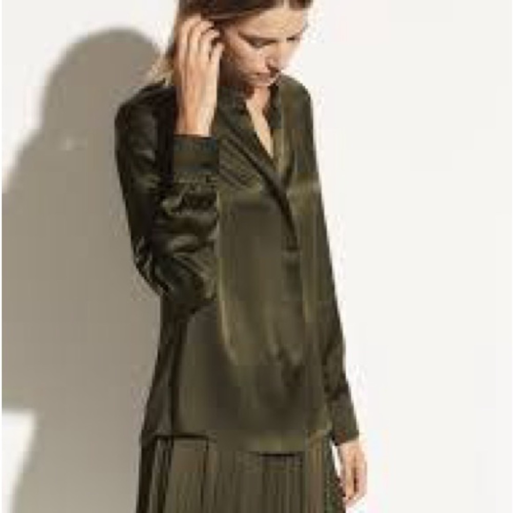 Vince 100% Silk Satin Band Collar Blouse in Pine Mineral (Olive Green)